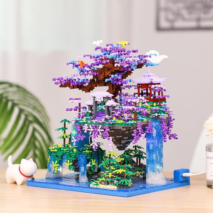 Chinese Moon Palace Pavilion Building Blocks Set - Micro Miniature Bonsai Tree House with String Lights and Flowers for Adults and Kids (4574 Pieces)