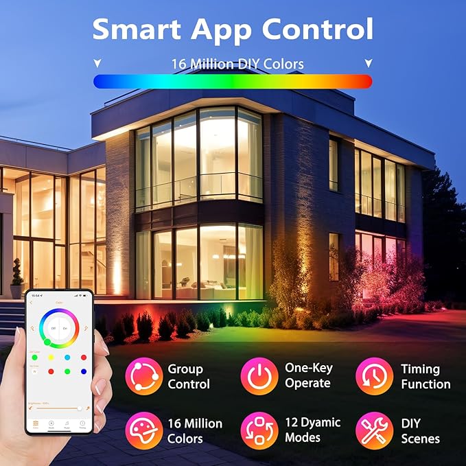 4 Pack Spotlight Outdoor Floodlight Fixture with Stake & Wall Mount Base, APP Control, 15W RGBW Landscape Lighting Dimmable Color Changing IP67 Waterproof for House Garden Yard Tree Decor