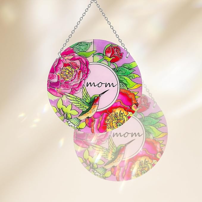 Hummingbird Gifts for Mom, Stained Glass Bird Window Hangings, Sun Catcher Ornament Hanging for Windows, Hummingbird Suncatcher for Women, Mother's Day Birthday Christmas (Suction Cup, 6in)