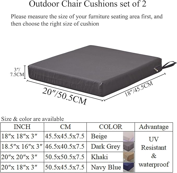 20 x 18 Inch Outdoor Chair Cushions for Patio Furniture UV Resistant Non Slip Waterproof Replacement Patio Seat Cushion with Ties Set of 2, Dark Grey