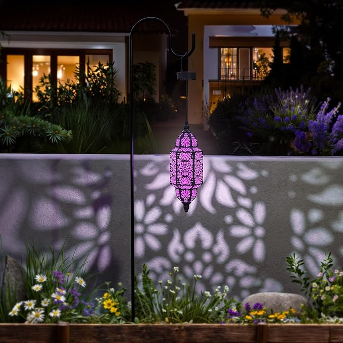 Twinkya 2 Pack Hanging Solar Lights Outdoor Garden Decorative Solar Lantern Waterproof Metal Moroccan Outdoor Decorations for Patio Pathway Yard Porch Backyard Garden Decor (Purple, 2 Pack)