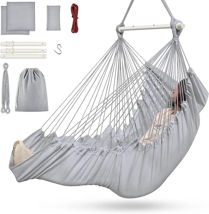 Outerman Hammock Chair, Hanging Chair with 3 Cushions and Foot Rest Support, Sturdy Metal Spreader Bar Max 440 Lbs, Swing Chair for Bedroom, Indoor & Outdoor, Patio, Porch or Tree（Gray）