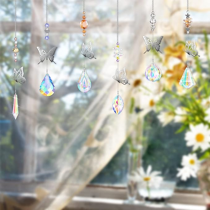 Hicarer 7 Pieces Crystals Suncatcher Butterfly Prism Sun Catchers Colorful Crystal Chandelier Rainbow Pendant Christmas Tree Decor Wall Hanging Window Ornament