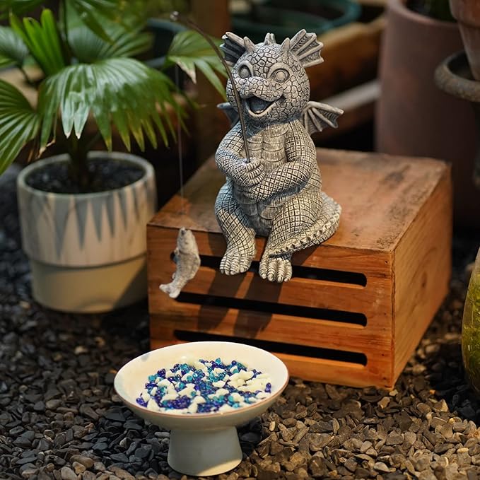 Goodeco Dragon Statue Garden Decor - Adorable Baby Fishing Dragon Figurines Outdoor Statues for Koi Pond/Fairy Garden Accessories,Gardening Gifts for Women 5.1 * 8.5 in