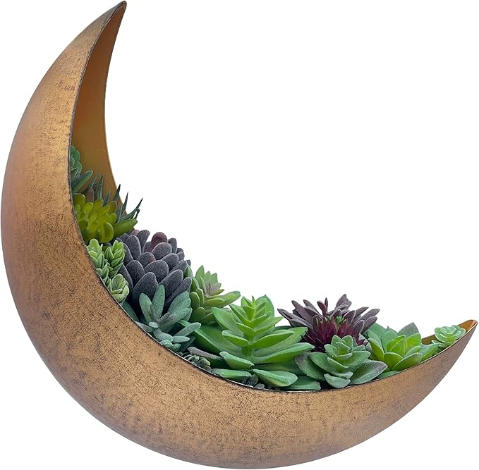 Wall Mounted Metal Moon Planter - Hanging Crescent Pot for Succulents, Air Plants, Cacti - Boho Indoor Outdoor Moon Wall Decor for Bedroom, Bathroom, Living Room, Nursery - Rustic Gold