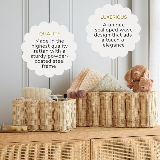 BEBE BASK Unique Wavy Scalloped Basket Set Of 2 - Scallop Basket - 16 x 10 x 7 In - Hand-Woven Elegant Wicker With Scalloped Edge Lid - Nursery Storage - (Earthy)