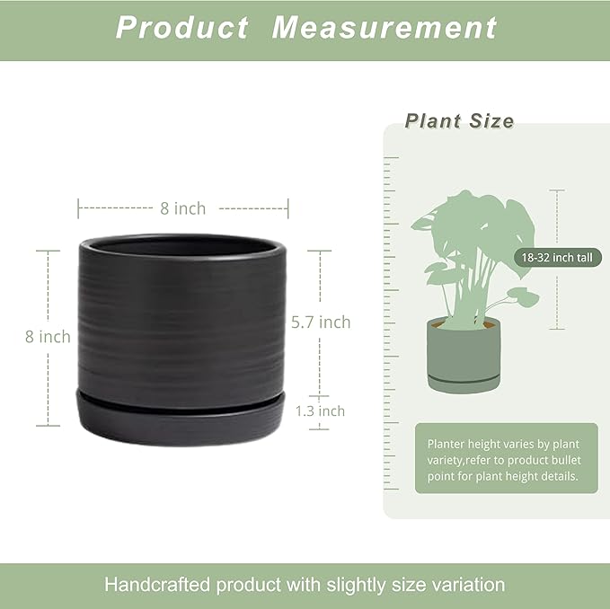 8 Inch Pots for Plants, Ceramic Planter Pot with Drainage Hole & Saucer, Indoor/Outdoor Cylinder Round Planter Pot, Matte Black