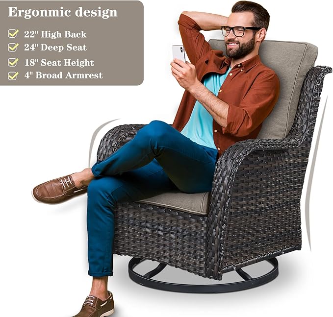 5 Piece Outdoor Patio Furniture Set - Wicker Furniture Patio Conversation Set, Outdoor Swivel Rocker Chairs with Loveseat Sofa and 2 Ottomans for Small Space, Gray Cushion