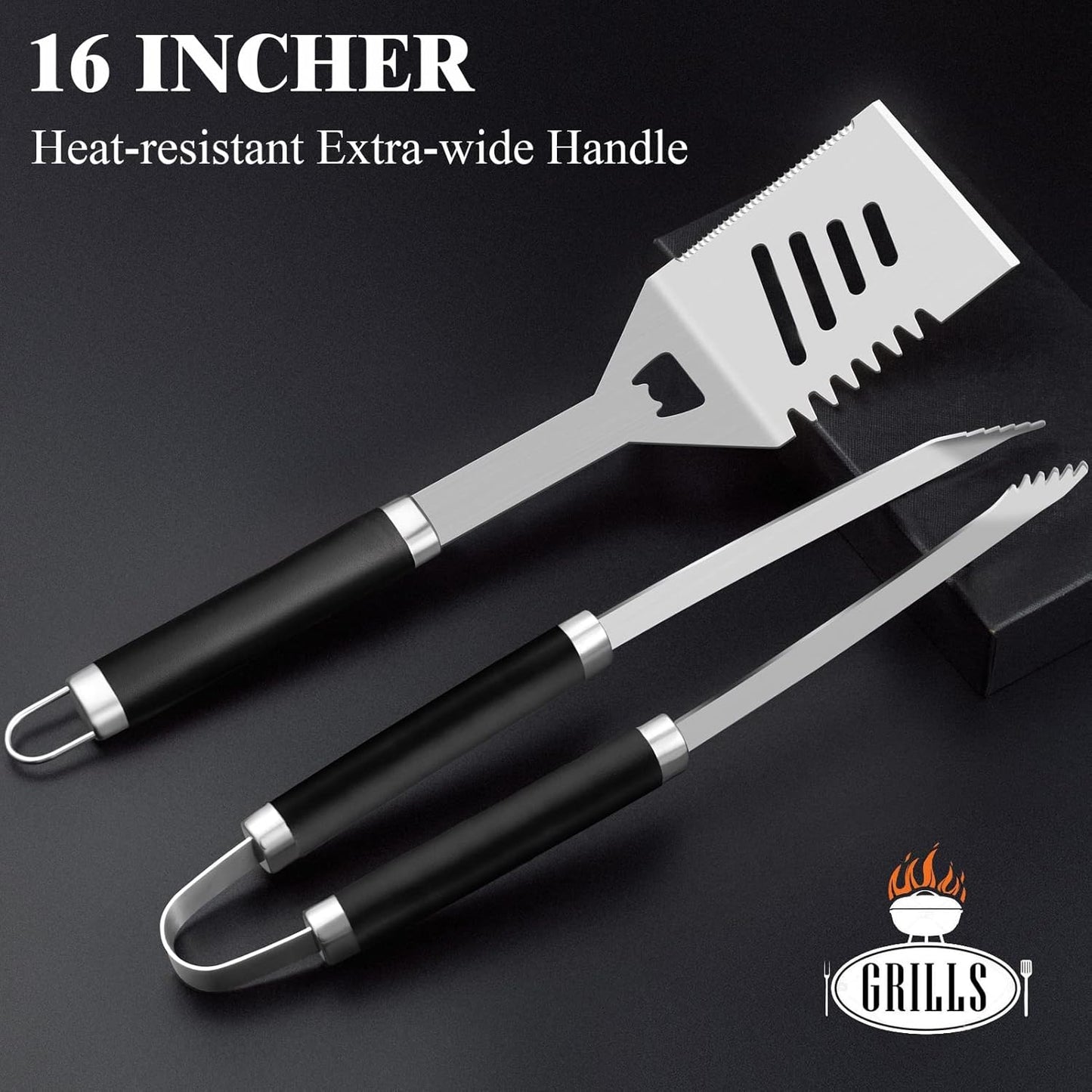 ROMANTICIST 30pcs BBQ Grill Tool Set for Men Dad, Heavy Duty Stainless Steel Grill Utensils Set, Non-Slip Grilling Accessories Kit with Thermometer, Mats in Aluminum Case for Fathers Day Black