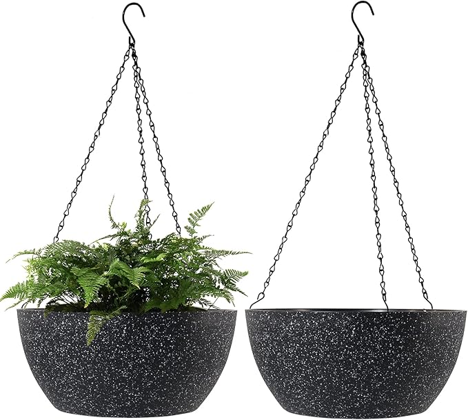 WOUSIWER 13 inch 2Pack Large Hanging Planters for Outdoor Indoor Plants with Drainage Holes and Chain, Round Hanging Flower Pots for Garden Home Porch Decor, Black Speckles
