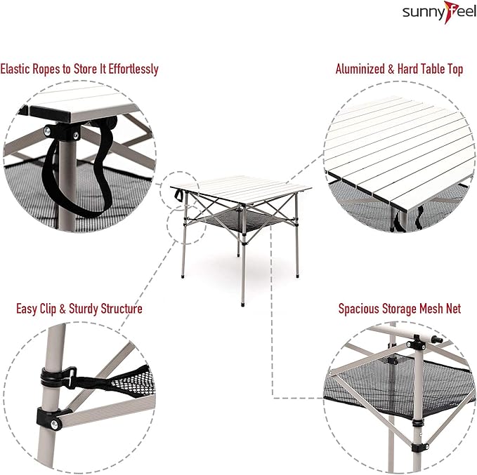 SUNNYFEEL Outdoor Folding Table | Lightweight Compact Aluminum Camping Table, Roll Up Top 4 People Portable Camp Square Tables with Carry Bag for Picnic/Cooking/Beach/Travel/BBQ