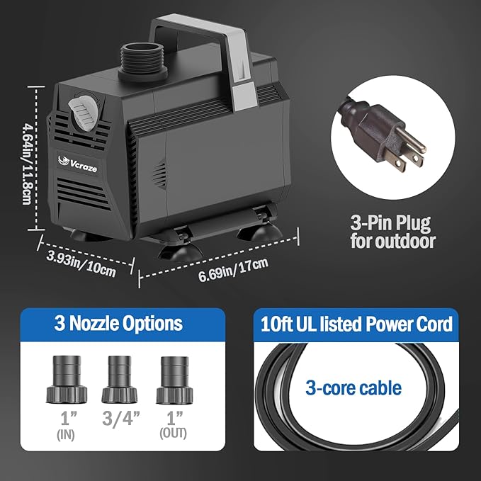 Submersible Water Pump 1050GPH/55W Fountain Pumps with Flow Control, Pond Pump Submersible Outdoor with 10ft 3-Core Power cable for Hydroponics, Aquarium, Waterfall, Statuary, Water feature