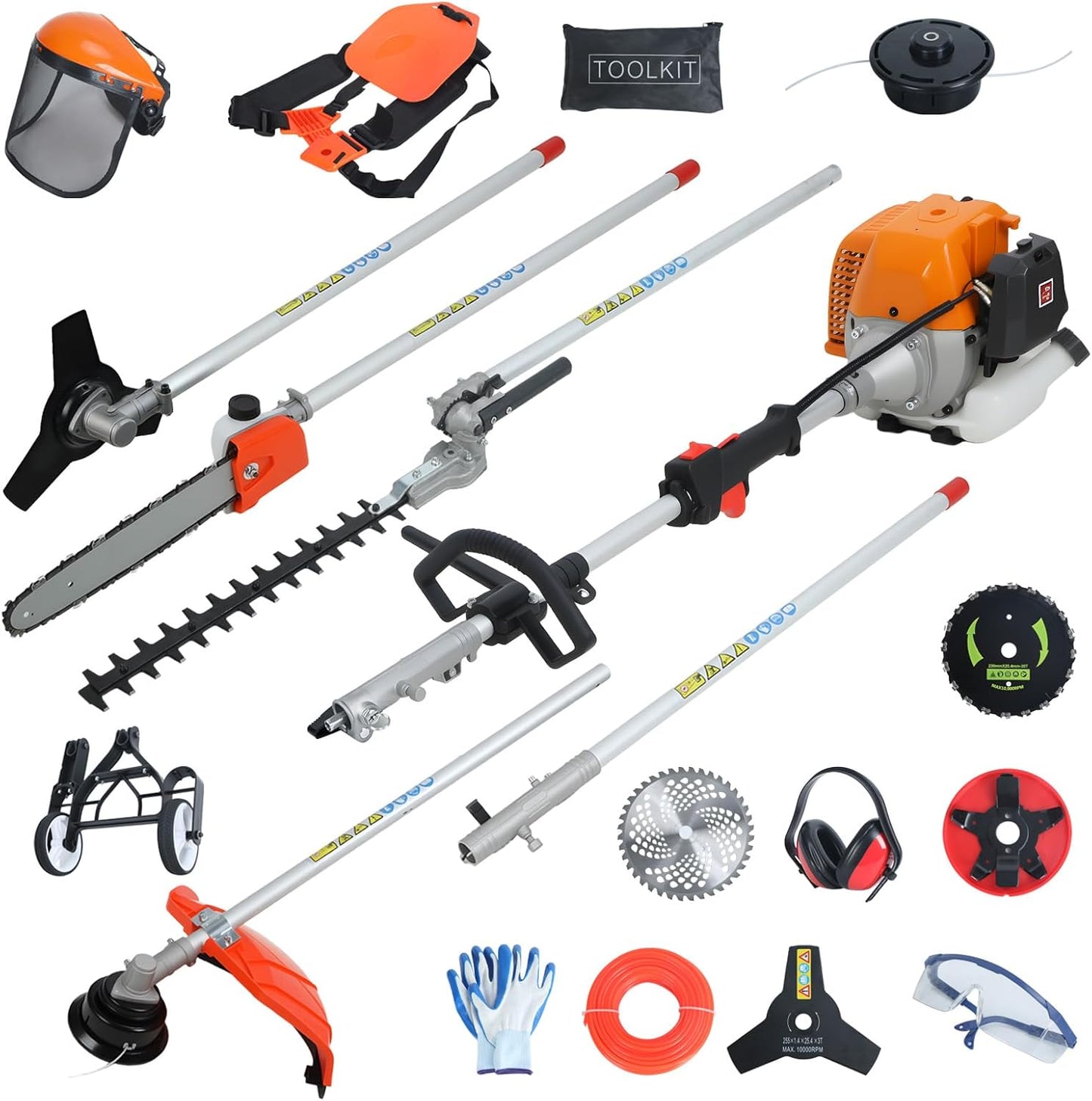 8 in 1Gas Weed Eater,52cc 2 Stroke Full-Functional Petrol Hedge Trimmer,Gas Weed Wacker,Grass Cutter Machine,Straight Shaft Grass Trimmer Cordless for Gardening (Orange)