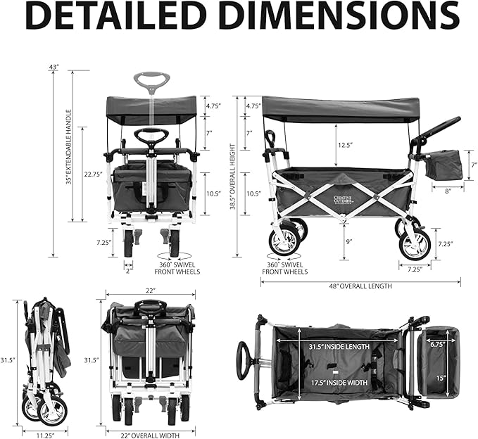 Creative Outdoor Wagon, Push and Pull Double Stroller for Toddlers & Kids with Removable Canopy and Seat Belt Harnesses, Collapsible Folding Garden Cart, Adjustable Handle, Beach Wagon (Teal)