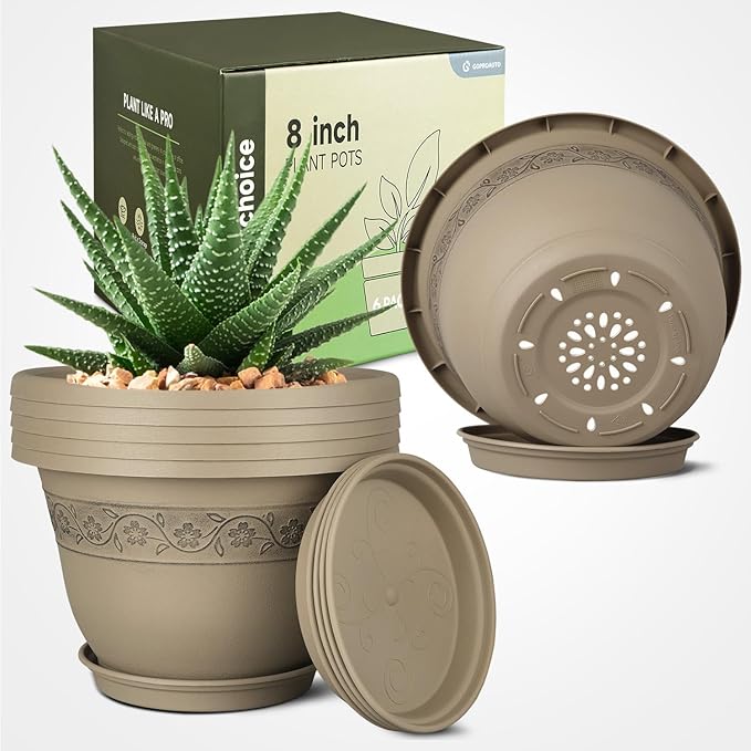 8 Inch Plant Pots with Drainage Hole - Lightweight Flower Pots for Herbs and Flowers - Home Decor Plastic Planters for Indoor Outdoor Plants- Pack of 6 (Brown, 8 inch)
