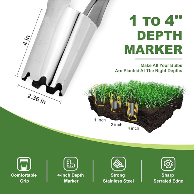Haliaeetus Bulb Planter Tool, 4 inches Depth Mark Hand Bulb Planter, Non-Bending Stainless Steel Bulb Planter Digger, Garden Bulb Transplanter with Comfortable Wood Handle for Planting Tulip, Daffodil