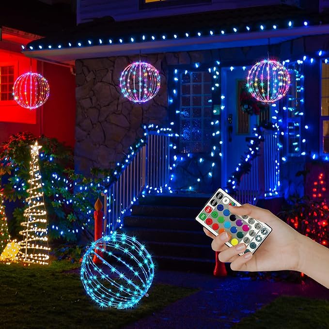 Christmas Ball Sphere, 12IN 96LED Hanging Tree and Pathway Lights With Hook and Stake, Foldable Metal Frame Ball for Outdoor Garden, UL Listed, Brown Frame, RGB