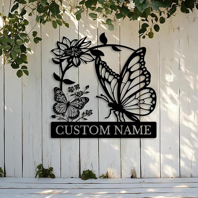 Custom Butterfly Metal Sign,Personalized Butterfly House Number Signs,Personalized Gardener Name Sign,Garden Patio Wall Decor (Style-5)