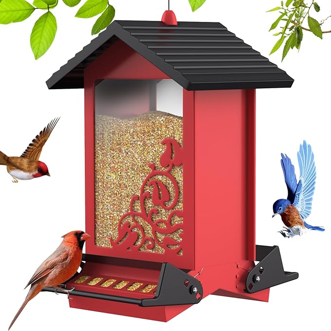 Squirrel Proof Bird Feeder for Outdoor Hanging,Metal Bird Seed Feeder with Bilateral Weight Activated Perches,5LB Large Capacity Wild Bird Feeders for Outside,Easy Refill and Clean,Red