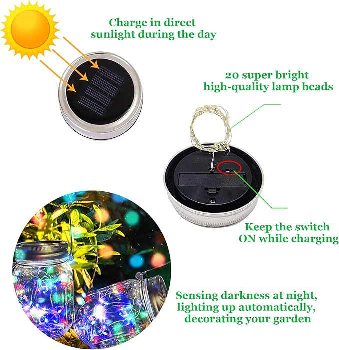 Hanging Solar Mason Jar Lights,ZQX 2 Pack 20 Led String Hanging Mason Jar Lanterns for Outdoor,Great Decor Light for Outside Patio Garden Yard Fence Wedding Table,Hangers and Jars Included（Multicolor）