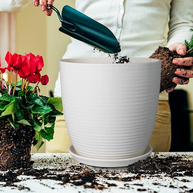 12 Inch Ceramic Planter Pot, Large Planter Pot with Drainage Hole and Saucer Round Flower Pot for Indoor Outdoor Plants, White