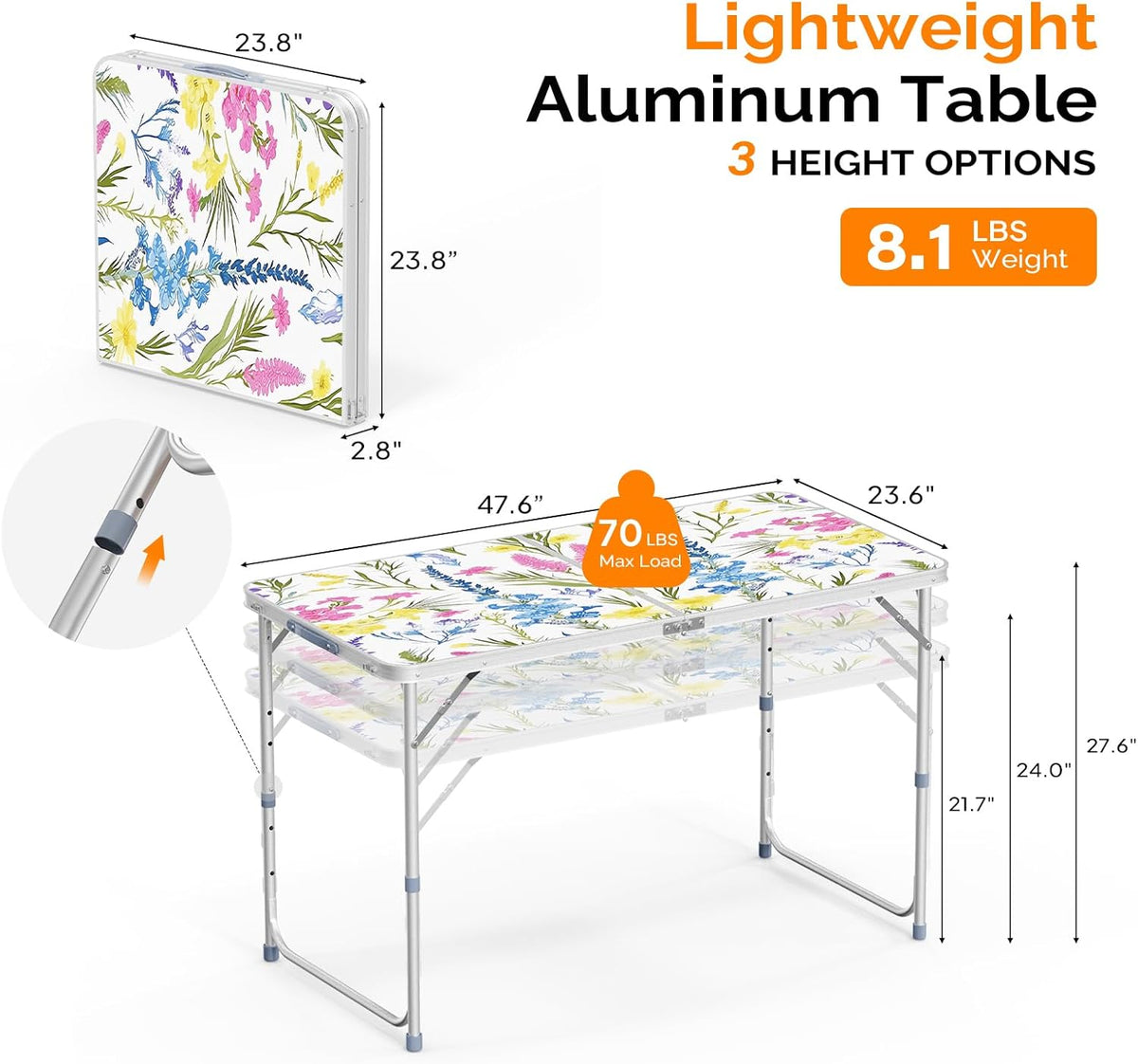 VINGLI 4FT White Folding Table with Carrying Handle Height Adjustable Lightweight Fold Up Portable for Indoor Outdoor Picnic,Camping,Hiking,Fishing,BBQ …
