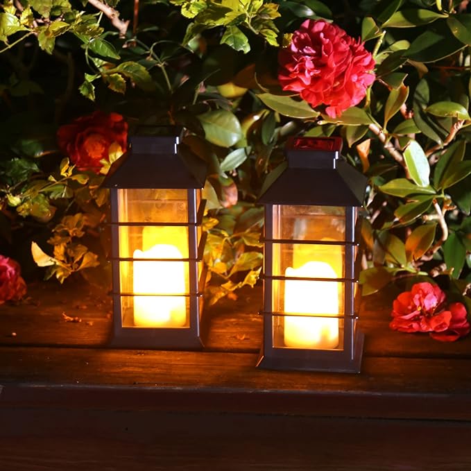 2 Pack Outdoor Garden Hanging Lanterns with Waterproof LED Flickering Flameless Candle Solar Powered Lights Yard Decor Outdoor Decorative for Pathway Courtyard Party Patio Christmas (Black)