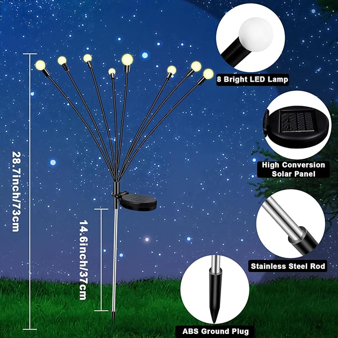 4Pack 32LED Spring Solar Swaying Lights Outdoor Solar Powered Firefly Lights Garden Decor Waterproof Pathway Light Sway by Wind Landscape Lights Warm Yellow for Pathway Lawn Patio Courtyard Decor