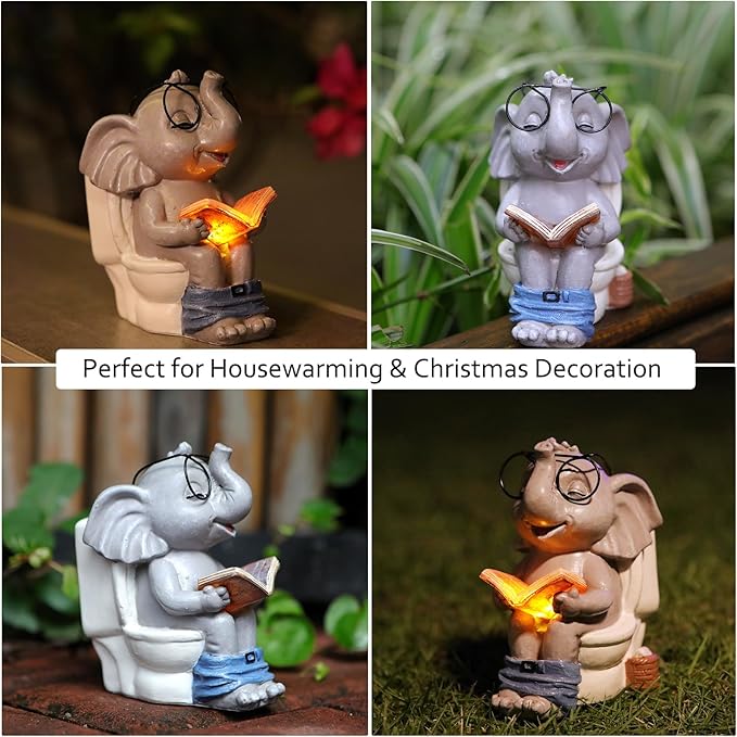 Elephant Statue Solar Outdoor Garden Decor, Funny White Elephant Gifts for Women, Mom, Grandma or Birthdays,Easter Elephant Decor Ornament for Yard Art Balcony Patio Porch Lawn & Home House