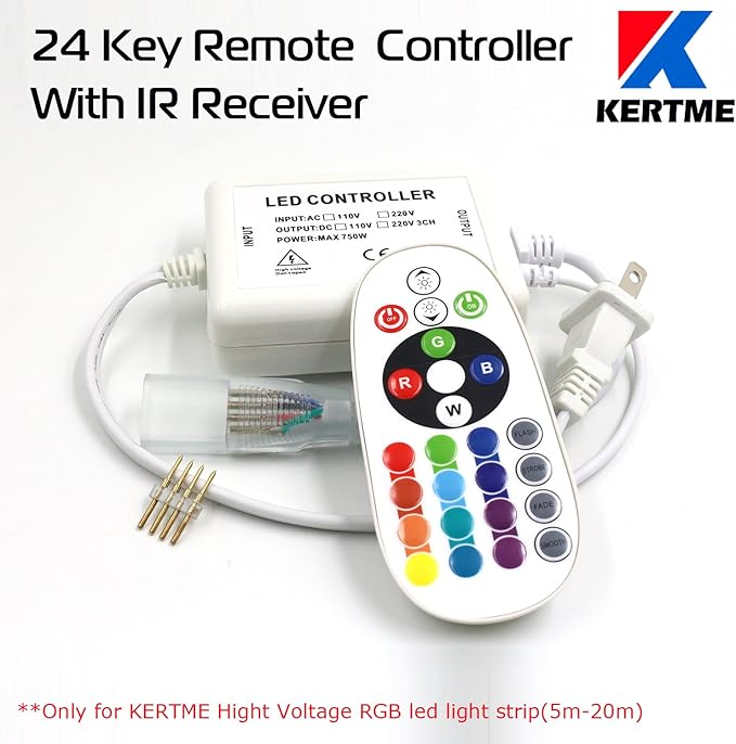 5050-60 Type AC 110-120V RGB LED Strip Lights, Flexible/Waterproof/Dimmable/Multi-Colors/Multi-Modes LED Rope Light + 24 Keys Remote for Home/Garden/Building Decoration (32.8ft/10m, RGB)