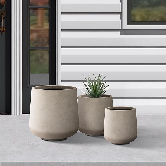 Kante 15.3"+11.6"+8.2" Dia Round Concrete Planter, Large Outdoor Indoor Planter Pots Containers with Drainage Holes and Rubber Plug for Home Garden Patio, Buff Concrete