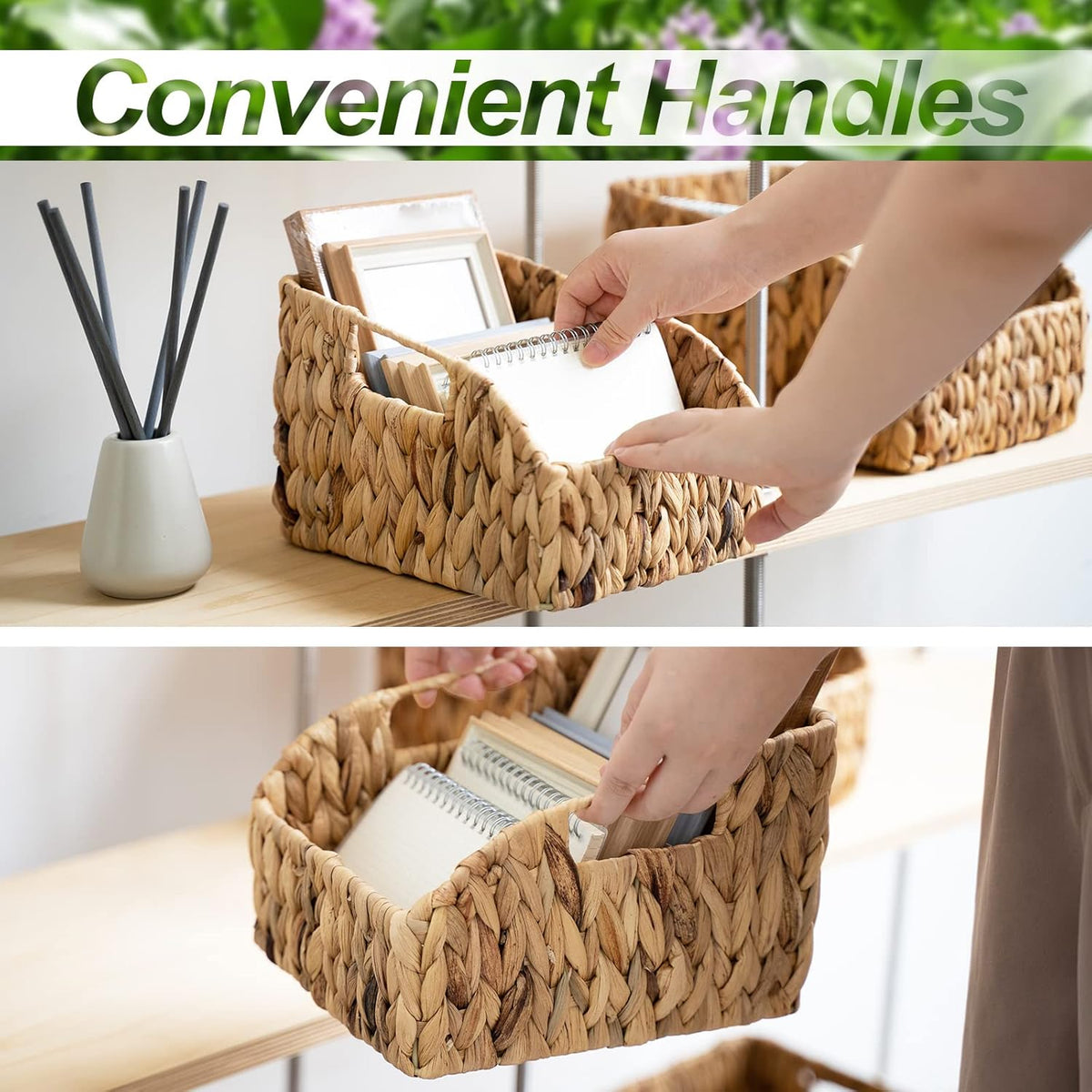 FairyHaus Wicker Baskets 2 Pack, Natural Large Wicker Baskets for Storage, Nesting Hand-woven Water Hyacinth Wicker Baskets for Organizing with Built-in Handles, 9"L x 11"W x 7"H