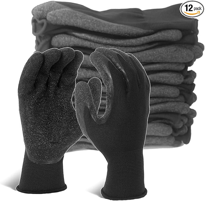 Evridwear Crinkle Latex Rubber Hand Coated Safety Work Gloves for Men Women General Multi Use Construction Warehouse Gardening Assembly Landscaping (S-Size) 12 Pairs Pack