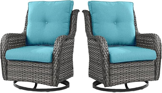 Outdoor Swivel Rcoker Wicker Chairs - Swivel Patio Chairs Set of 2 Patio Furniture Sets with Covered Cushion for Porch Deck Balcony Backyard, Turquoise Cushion