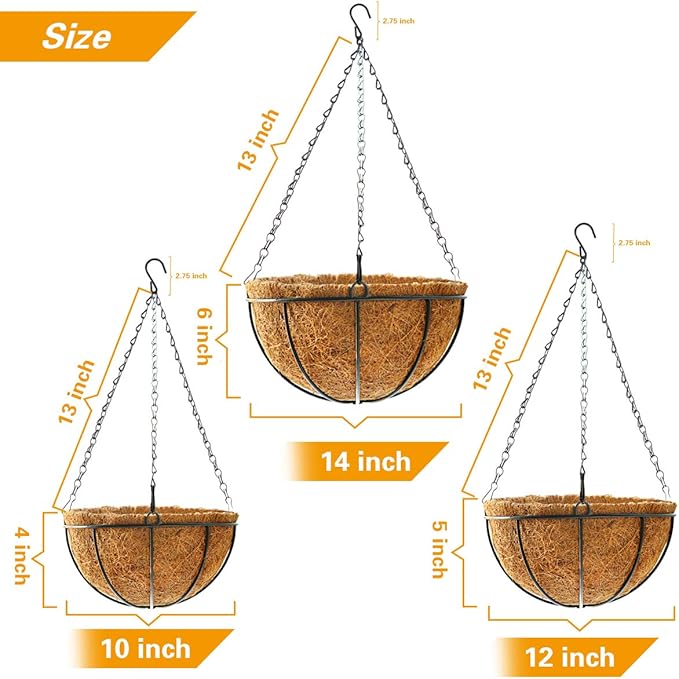Hanging Plant Basket Flower Holder (4pack, 14 inch)-Metal Wire Round Hanging Basket Planter with Coco Fiber Liners for Plants Flower Pots Indoor Outdoor Garden Porch and Balcony Decor