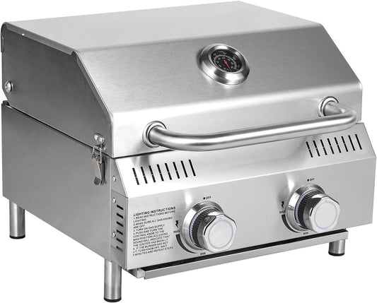 Bestfire Tabletop Gas Grill 2 Burners, 20,000 BTUs Stainless Steel Portable Propane Grill with Legs for Outdoor Patio Backyard Camping, Tailgating, and RV Trips