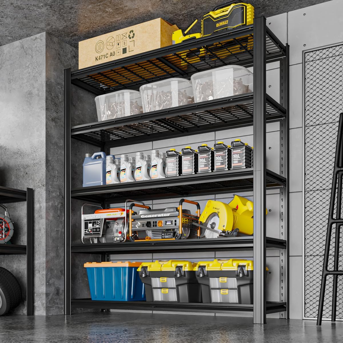5 Tier Metal Shelving Unit 84" H x 48" W x 24" D, 3000LBS Adjustable Garage Shelves, Heavy Duty Storage Shelves for Warehouse, Basement, Kitchen, Pantry, Living Room, Black