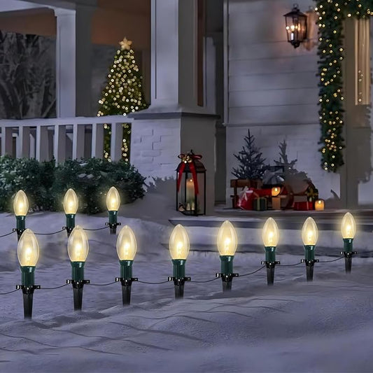 38Ft Christmas Pathway String Lights Outdoor with C9 25 Clear Christmas Pathway Marker Stakes Lights, Extendable C9 Outdoor Walkway Lights for Outside Xmas Party Holiday Backyard Commercial Decor