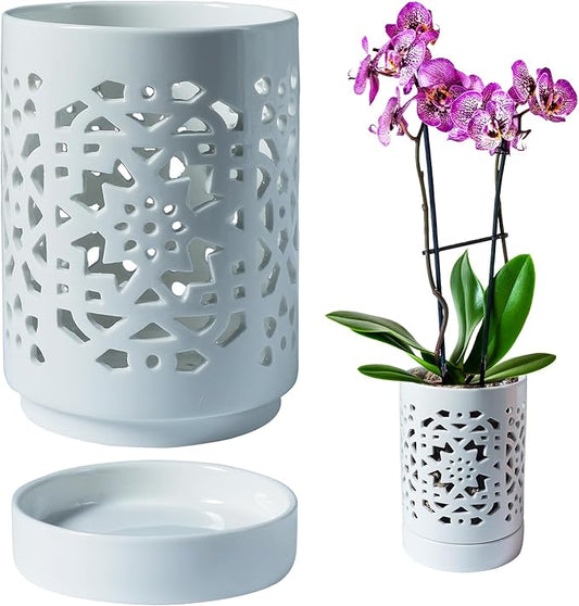 Orchid Pot 4 Inch, Orchid Pots with Holes & Saucers for Repotting Orchid, Breathable Slotted Flower Plant Nursery Pot White