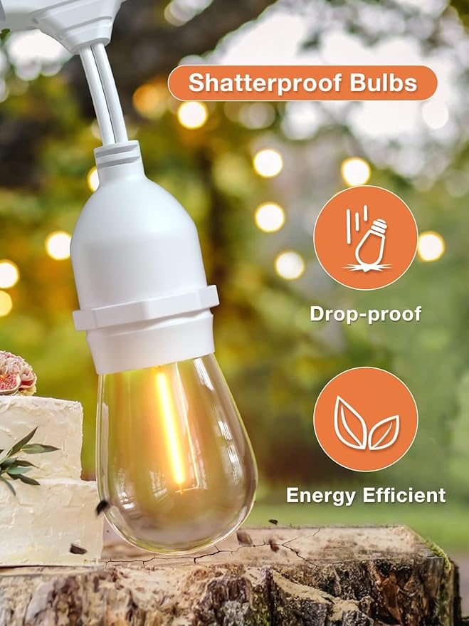 addlon LED Outdoor String Lights 48FT with Dimmable Edison Vintage Shatterproof Bulbs and Commercial Grade Weatherproof Strand - ETL Listed Heavy-Duty Decorative Cafe, Patio, Market Light White