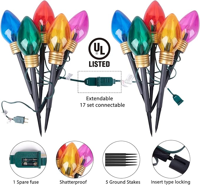 Minetom Jumbo Christmas Pathway Lights Outdoor with Marker Stakes, 10.5 Ft 5 LED C9 Shaped Christmas Lights Multicolored Giant Bulb String Lights, for Holiday Walkway Driveway Garden Yard Decoration