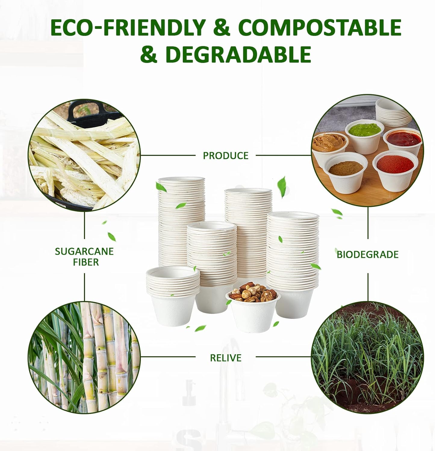 Vplus 300 Pack 4 OZ Disposable Souffle Cups, 100% Compostable Portion Cups, Made From Bagasse Fibe, Perfect For Dips, Food Sample, Jams, Honey, Sauces, Nuts