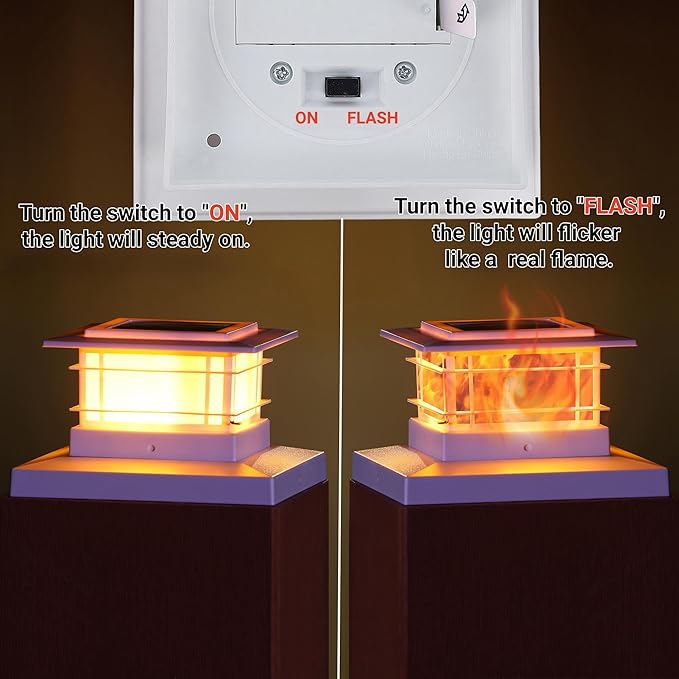 Dynaming 6 Pack Solar Flame Post Lights Outdoor, Solar Powered Fence Post White Shell Cap Light, High Brightness Flickering Flame LED LiVinyl/Wooden Postseck Patio, Fit 4x4 5x5 6x6 Vinyl/Wooden Posts