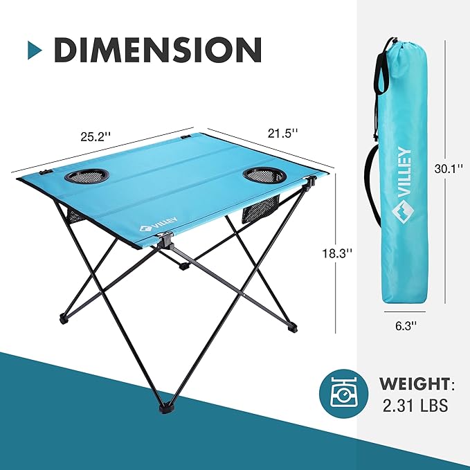 VILLEY Folding Camping Table, Lightweight Portable Beach Table with 2 Cup Holders & Carry Bag for Camping, Beach, Fishing, Travel, and Outdoor Activities (Large)