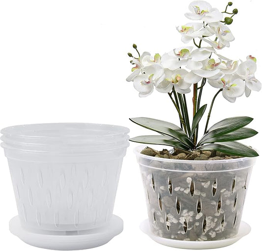 Orchid Pot, 8 Inch 4 Pack Orchid Pots with Holes and Saucers, Clear Plastic Orchid Pots