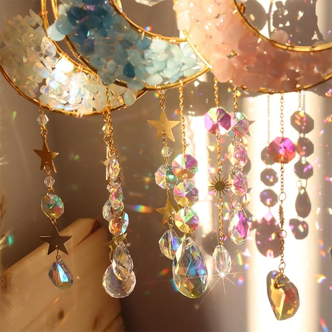 Crystal Suncatcher Hanging Moon Sun Light Catcher with Glass Prisms for Window Natural Pink Crystal Decor Home Indoor Making Rainbows