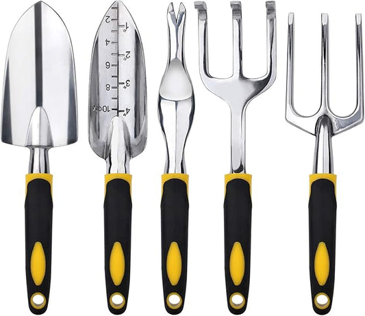 FEBSNOW Garden Tool Set - 5 Pieces Heavy Duty Gardening Hand Tools Kit Include Garden Trowel, Garden Rake, Spade Shovel, Weeder, Cultivator for Men, Women
