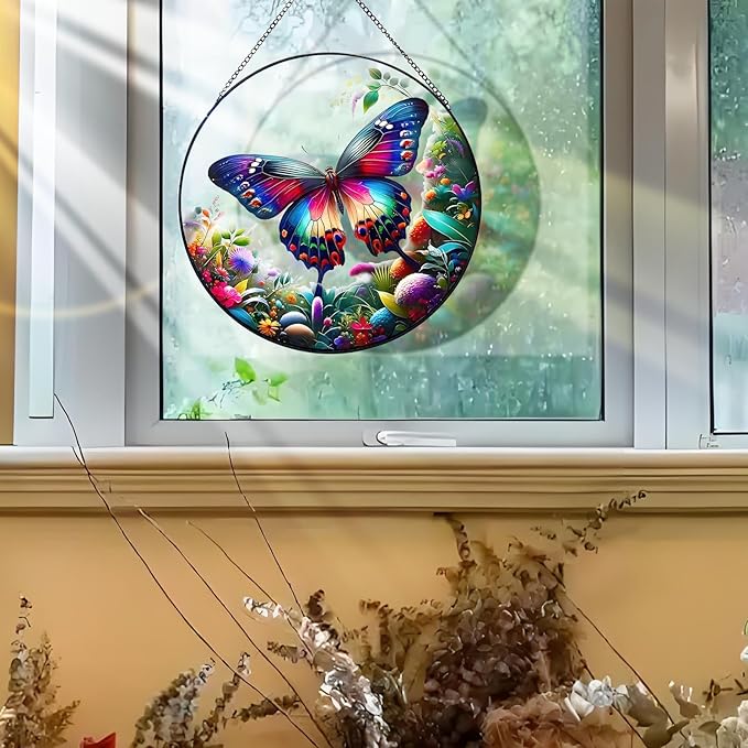 RIVEENY Butterfly Stained Glass Window Hangings, 8" Monarch Butterfly Hanging Stained Glass for Windows, Sun Catcher Garden Hangings Christmas Mother's Day, Valentine's Day Ornaments Festival Gift