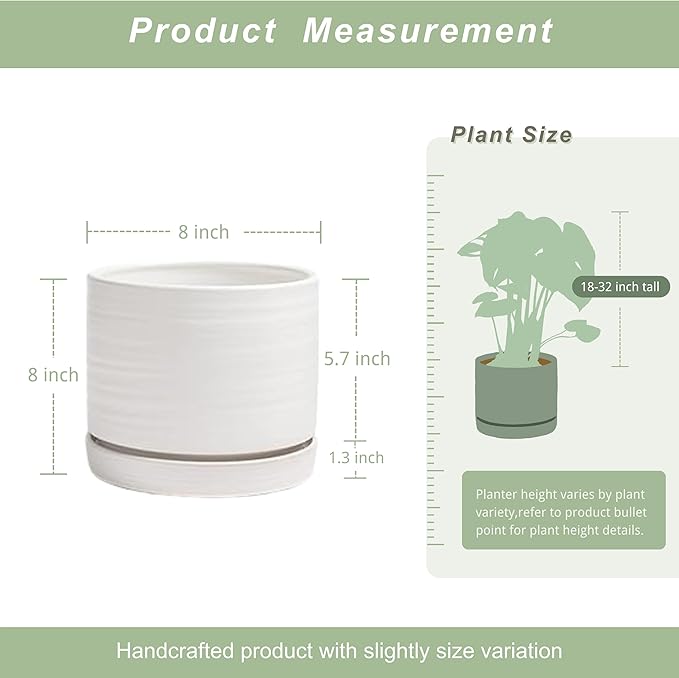 8 Inch Pots for Plants, Ceramic Planter Pot with Drainage Hole & Saucer, Indoor/Outdoor Cylinder Round Planter Pot, Matte White