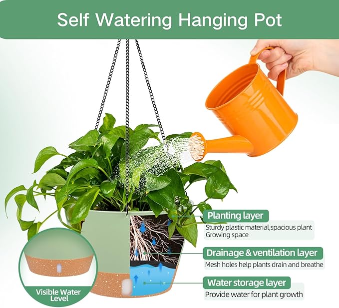 QCQHDU 2 Pack 8 inch Hanging Planters for Indoor Plants, Outdoor Hanging Baskets, Self Watering Pots with Drainage Holes & Removable Tray (Green, 8 inch)